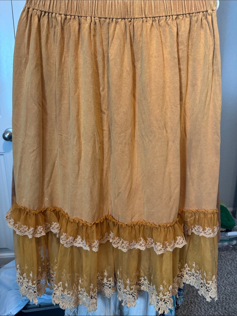 Jaded Gypsy Midi Ruffle Hem Skirt in Dusty Orange with Lace Trim